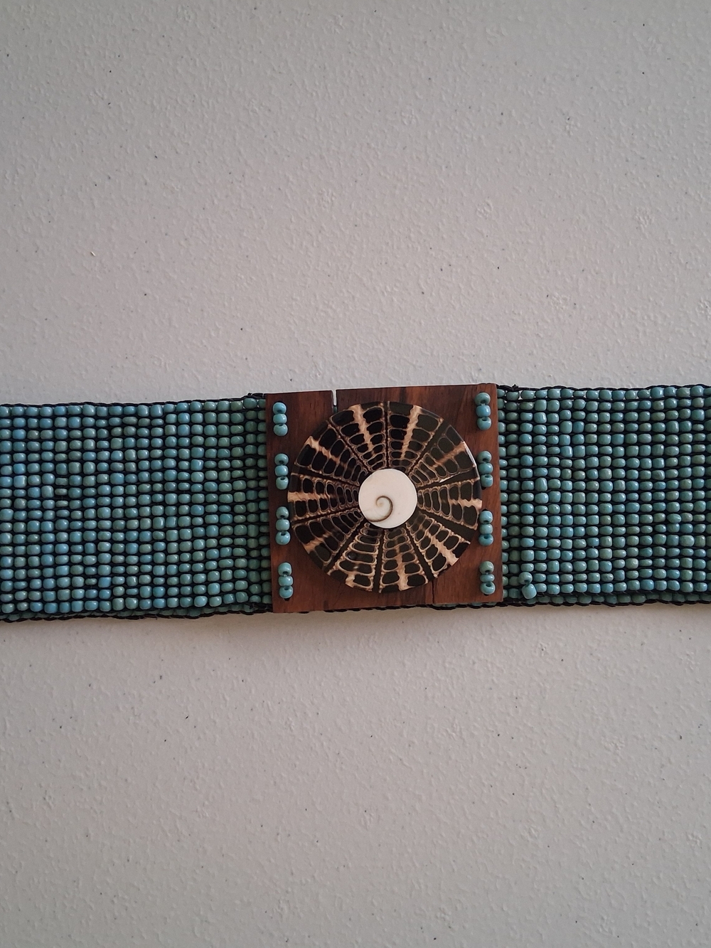 Boho Turquoise Beaded Waist Belt with Shell Accent And Wood Closure